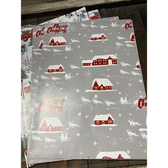 6 Lg Sheets 28 x 40" White Christmas Wrapping Paper Reindeer Stripes Red Truck - Picture 4 of 7
